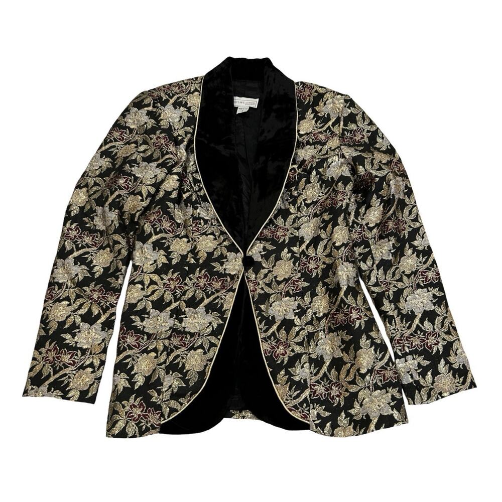 Scott McClintock Black Velvet Blazer Jacket Size 8 Gold Floral Metallic Brocade